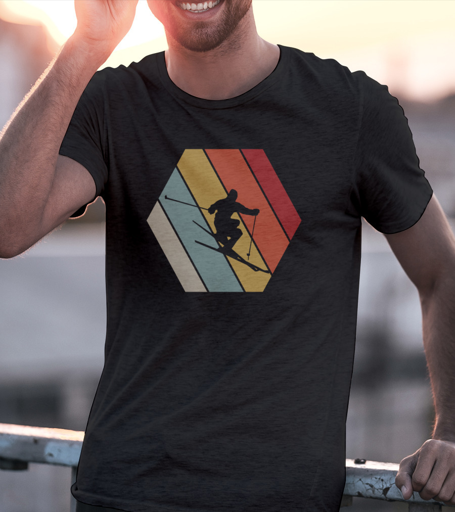 Funny Vintage Skier Hexagonal Stripes Winter T-Shirt