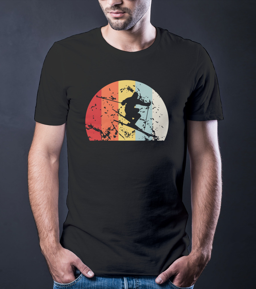 Retro Vintage Skiing Silhouette With Colorful Sunset Stripes T-Shirt