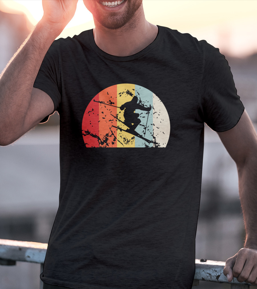 Retro Vintage Skiing Silhouette With Colorful Sunset Stripes T-Shirt