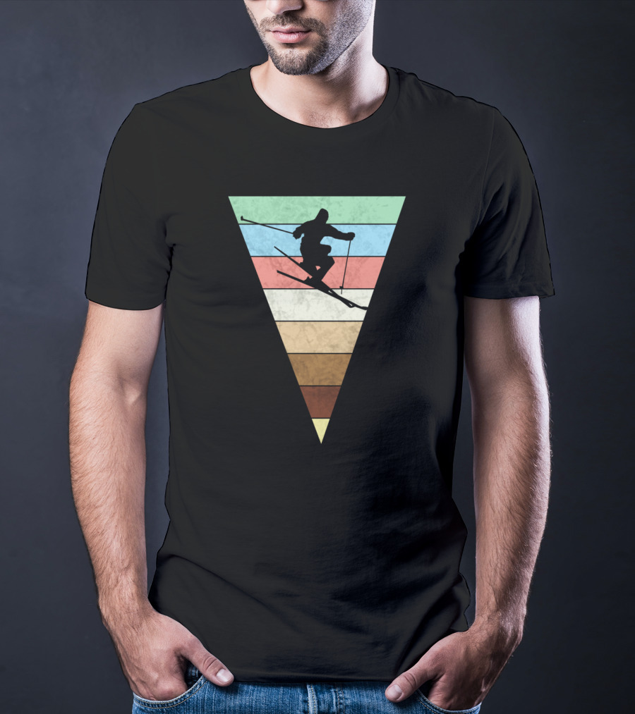 Skiing Vintage Print Silhouette With Retro Stripes For Skiers T-Shirt