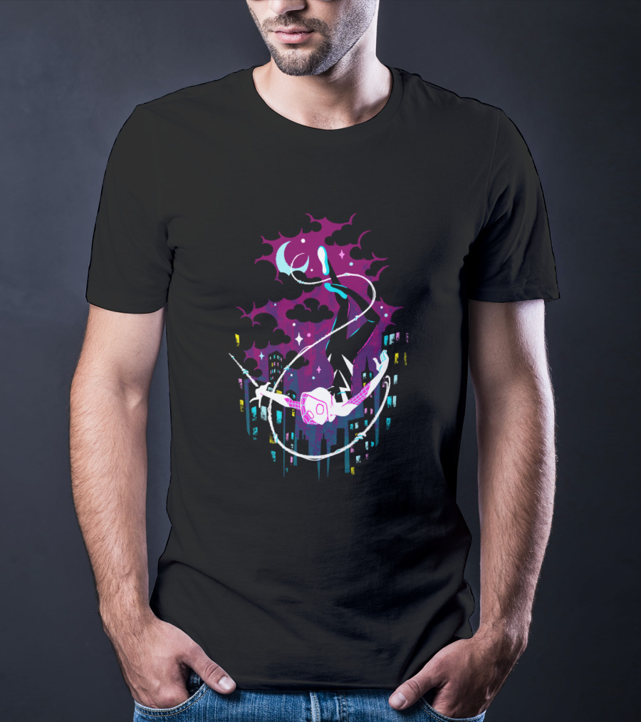 Marvel Ghost Spider Swinging Through Neon City Skyline T-Shirt