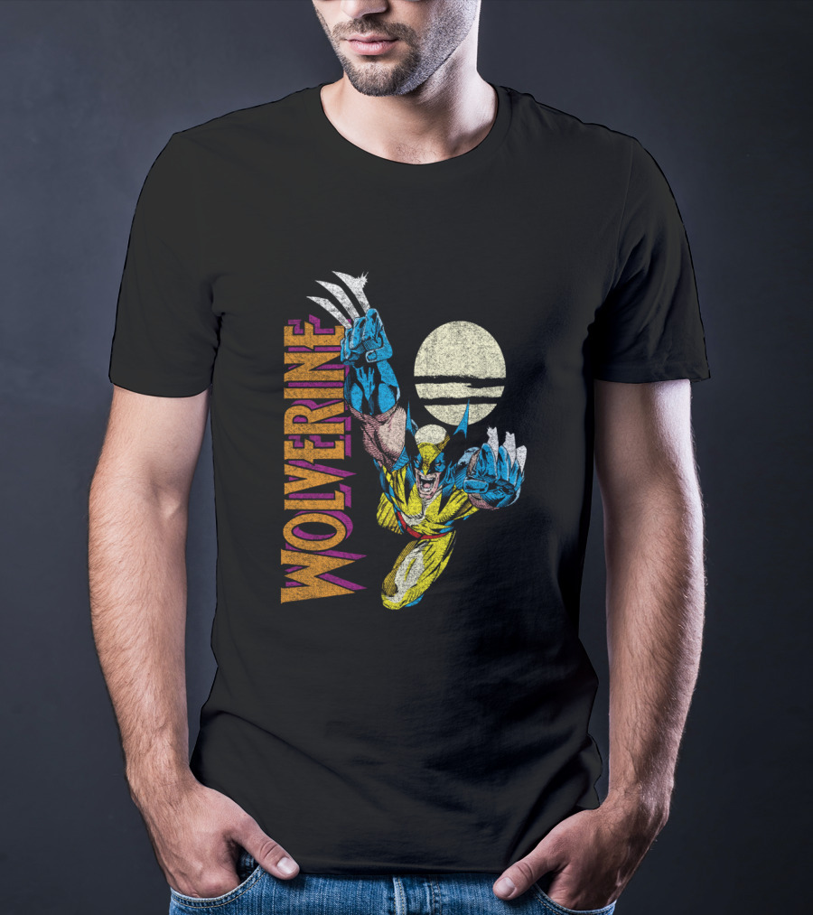 Wolverine Vintage Colorful Claws Action With Moon Marvel X Men Classic T-Shirt