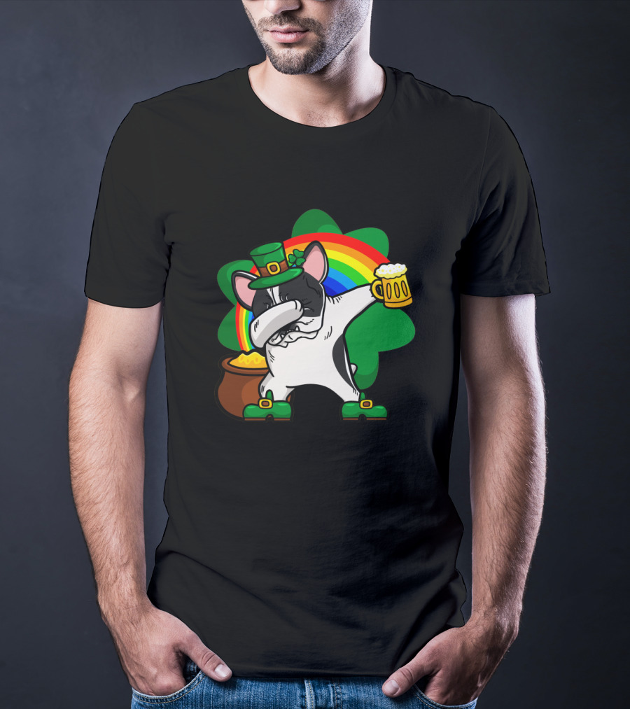 Dabbing Pied French Bulldog St Patrick's Day Rainbow Clover Beer Pot Of Gold T-Shirt