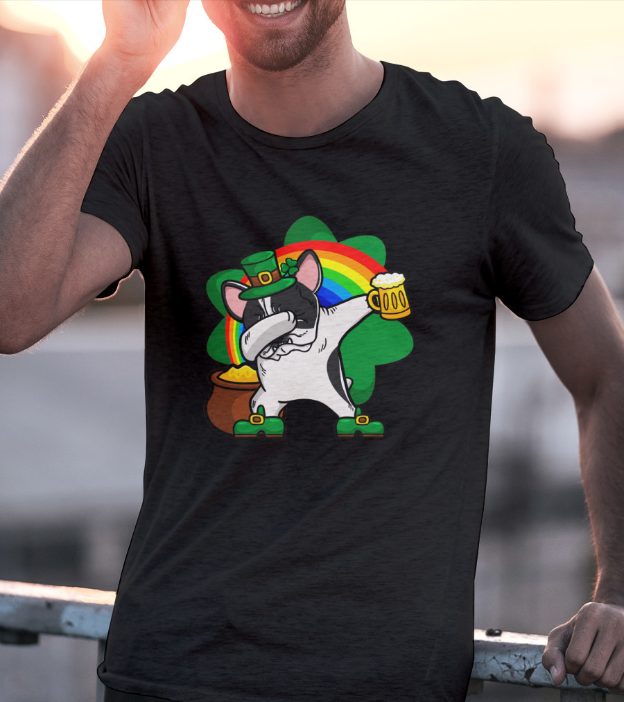 Dabbing Pied French Bulldog St Patrick's Day Rainbow Clover Beer Pot Of Gold T-Shirt