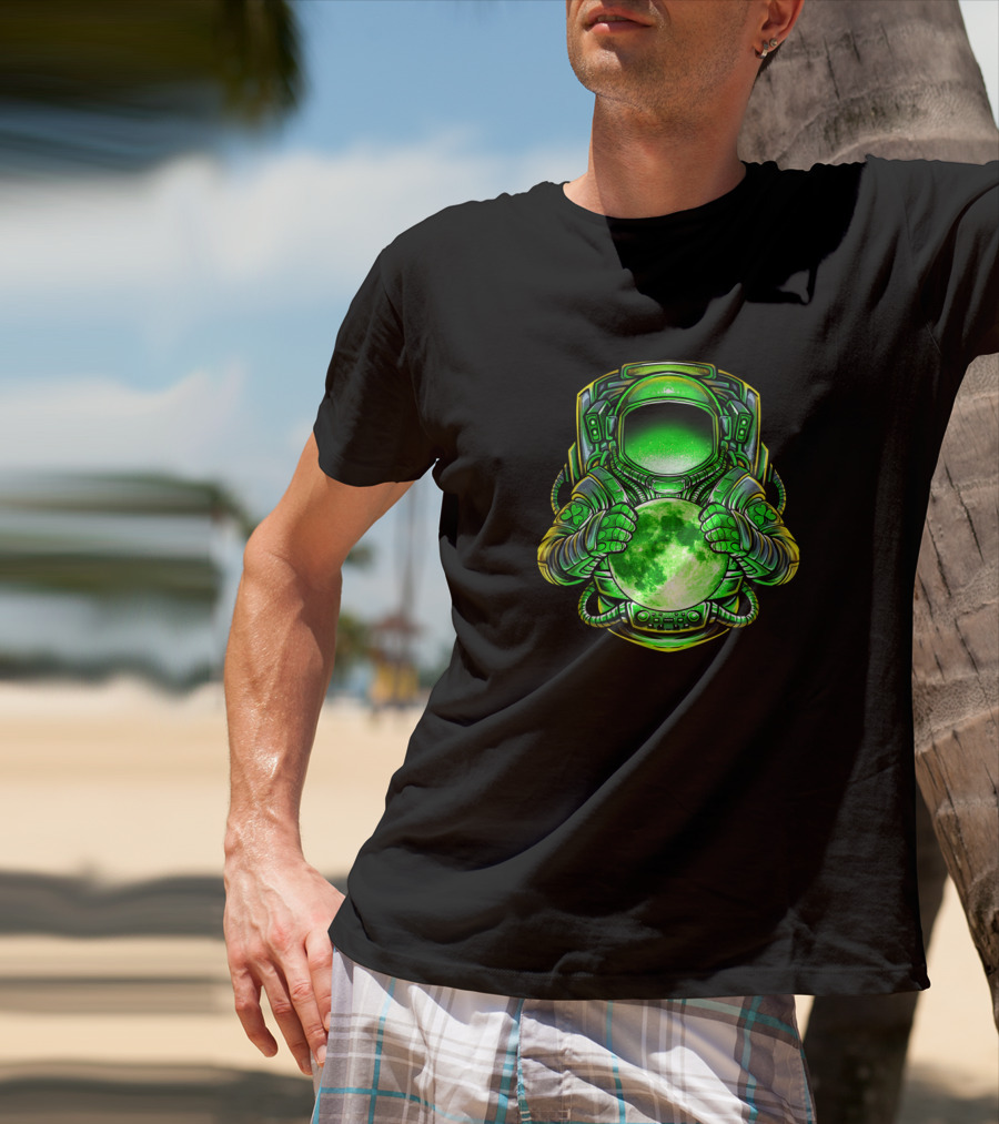 Irish Astronaut Holding Green Moon St Patricks Day Space Galaxy T-Shirt