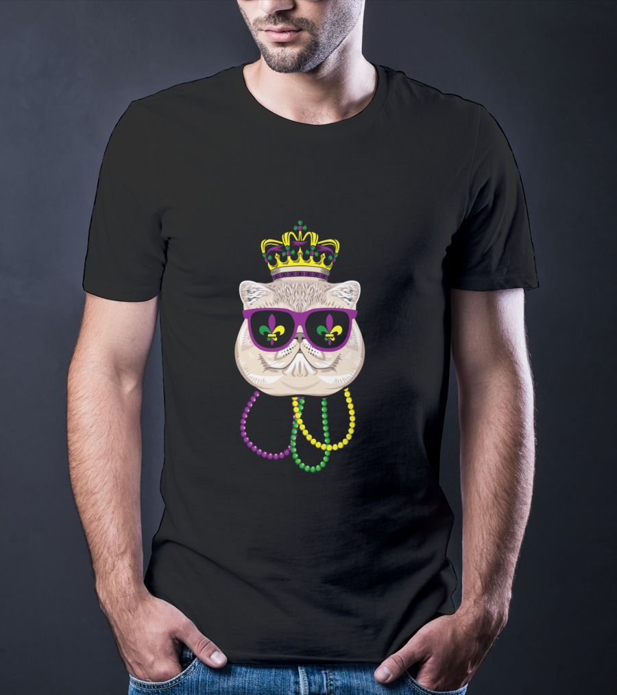 Mardi Gras Cat Wearing Crown, Sunglasses With Fleur-de-Lis, And Colorful Beads T-Shirt