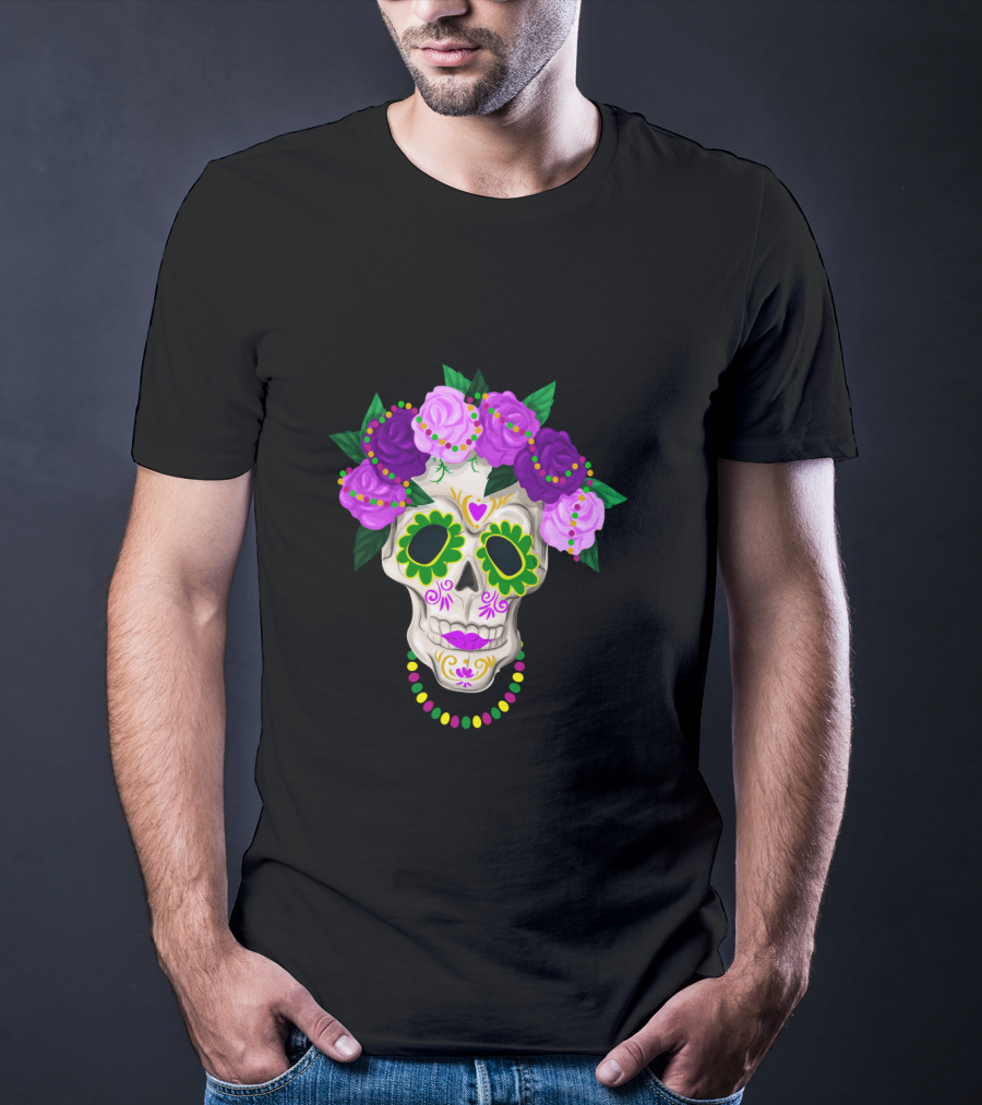 Mardi Gras Day Sugar Skull With Floral Crown And Beads T-Shirt