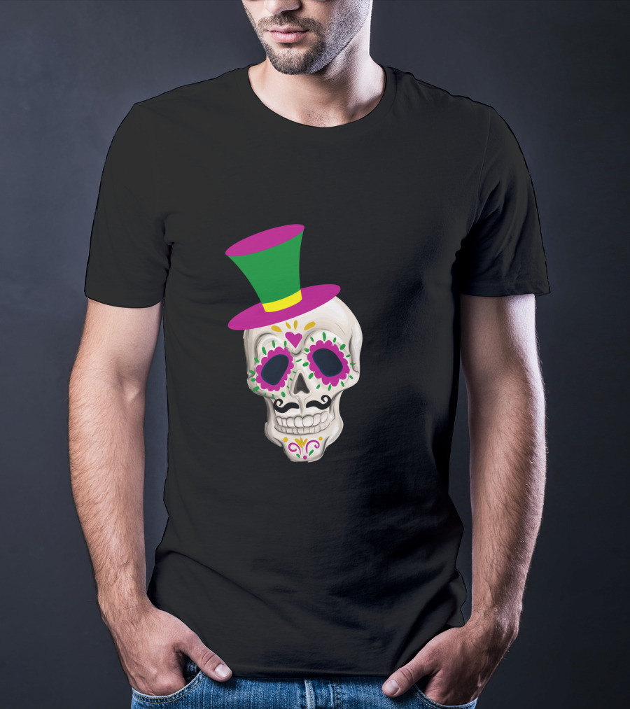 Mardi Gras Day Colorful Male Skull With Green And Pink Hat T-Shirt