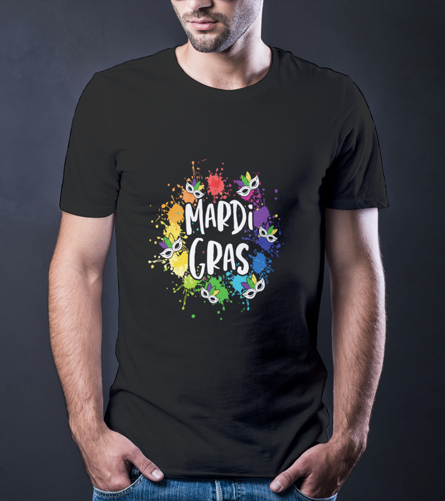 Mardi Gras Mask Colorful Paint Splatter New Orleans T-Shirt