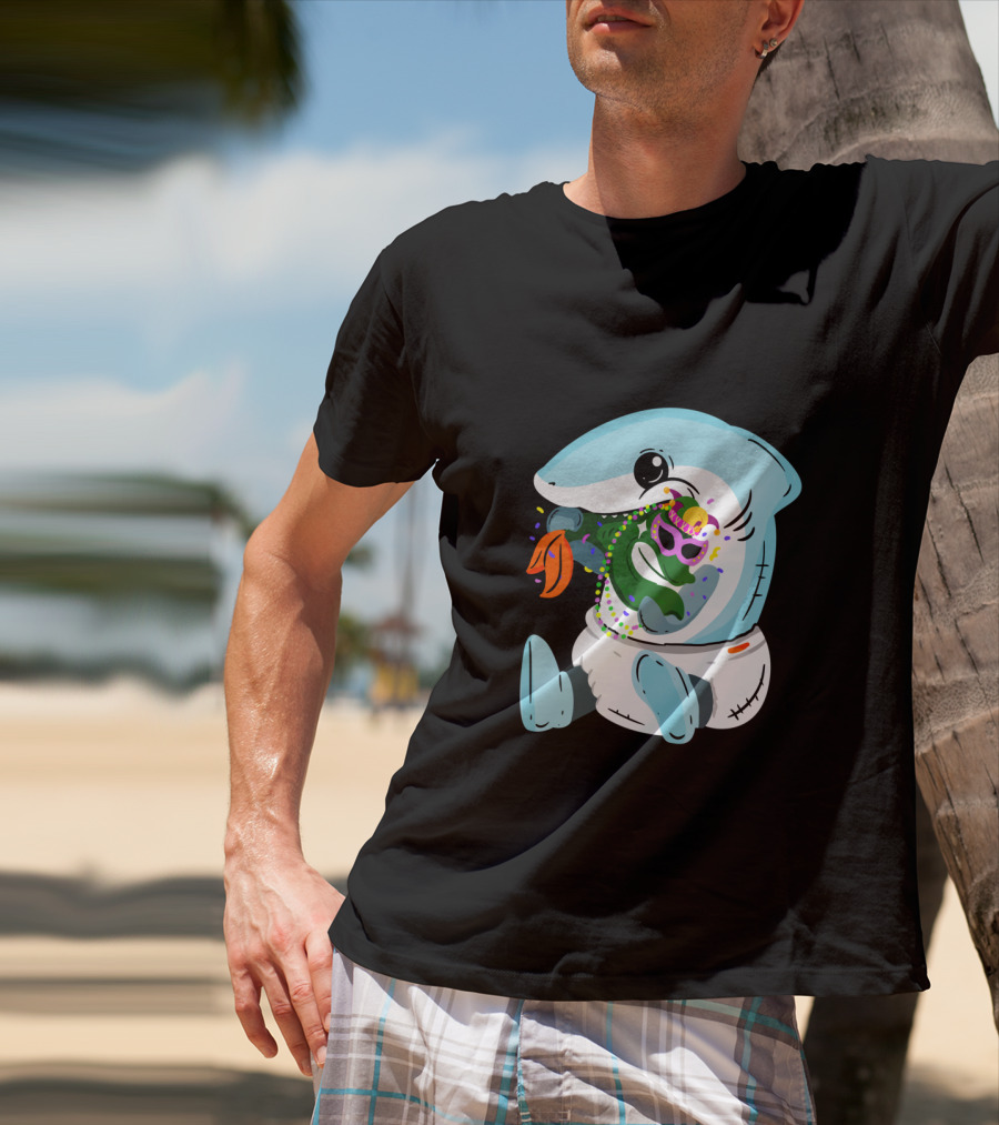 Mardi Gras Shark Baby Eating Bead-Covered Fish T-Shirt