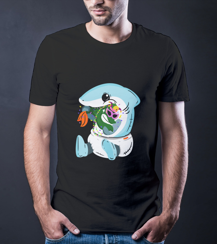 Mardi Gras Shark Baby Eating Bead-Covered Fish T-Shirt