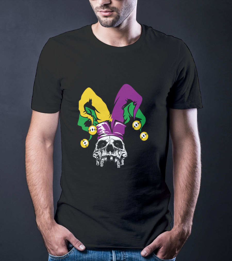 Mardi Gras Skull Jester Hat Purple Green Yellow T-Shirt