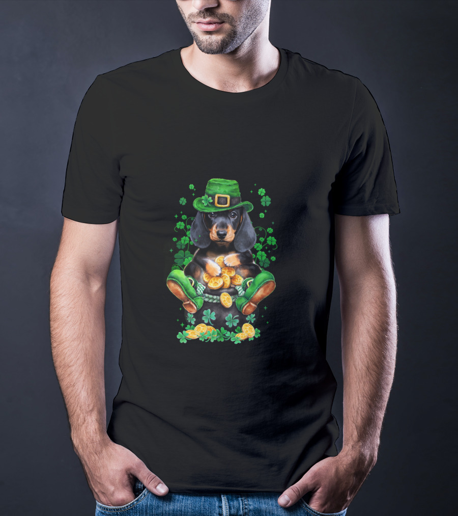 Dachshund Patrick Baby Funny Patrick Leprechaun Hat Shamrocks Pot Of Gold Coins T-Shirt