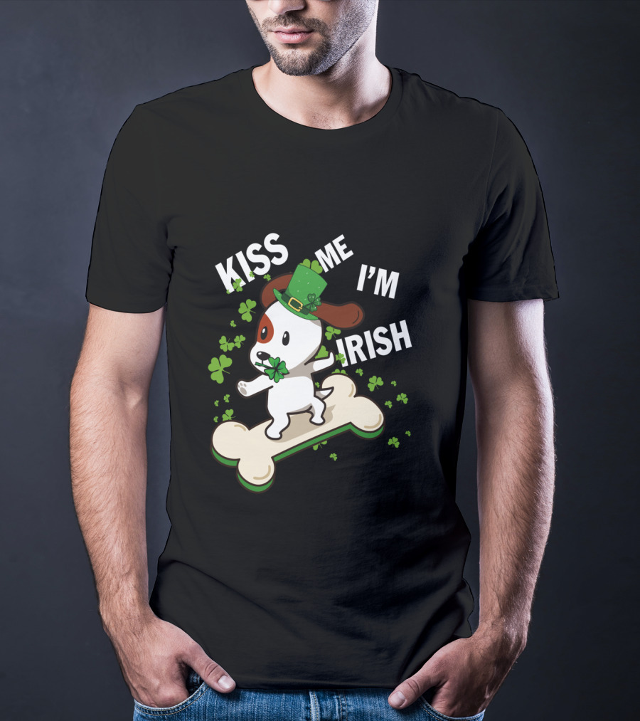 Kiss Me I'm Irish Jack Russell Dog With Lucky Shamrock And Hat On Bone T-Shirt