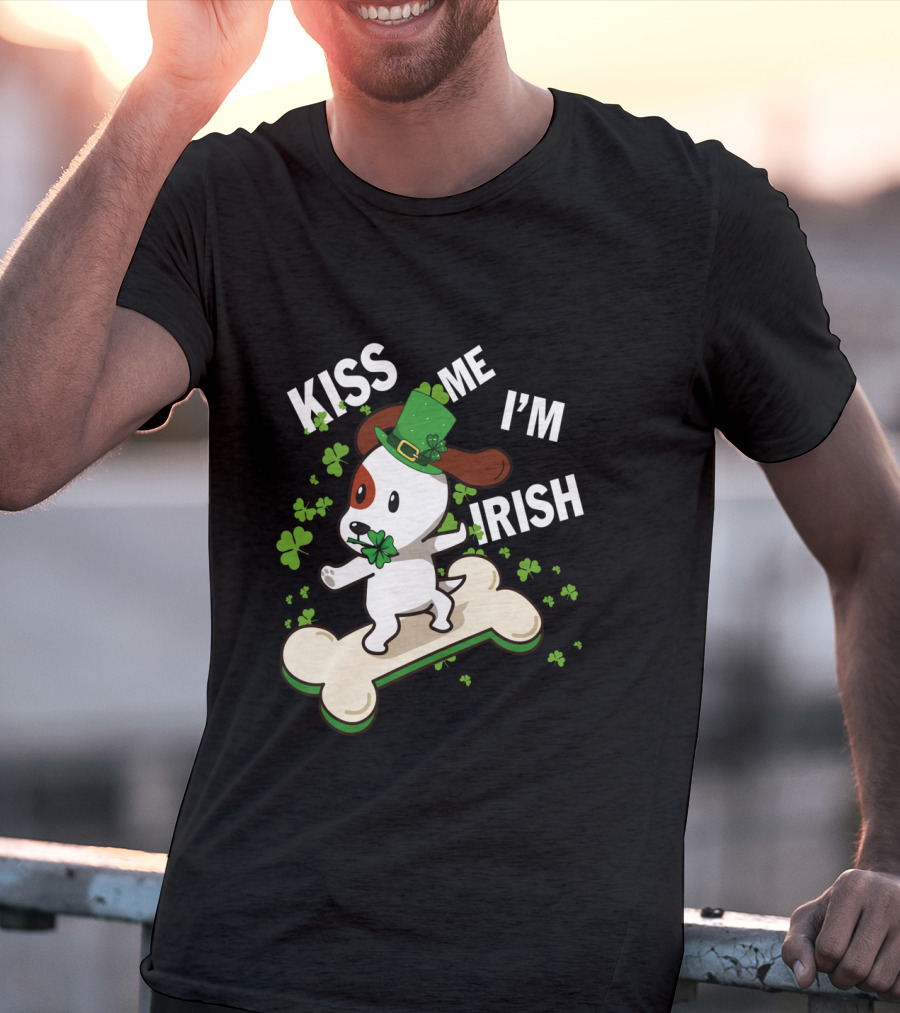 Kiss Me I'm Irish Jack Russell Dog With Lucky Shamrock And Hat On Bone T-Shirt
