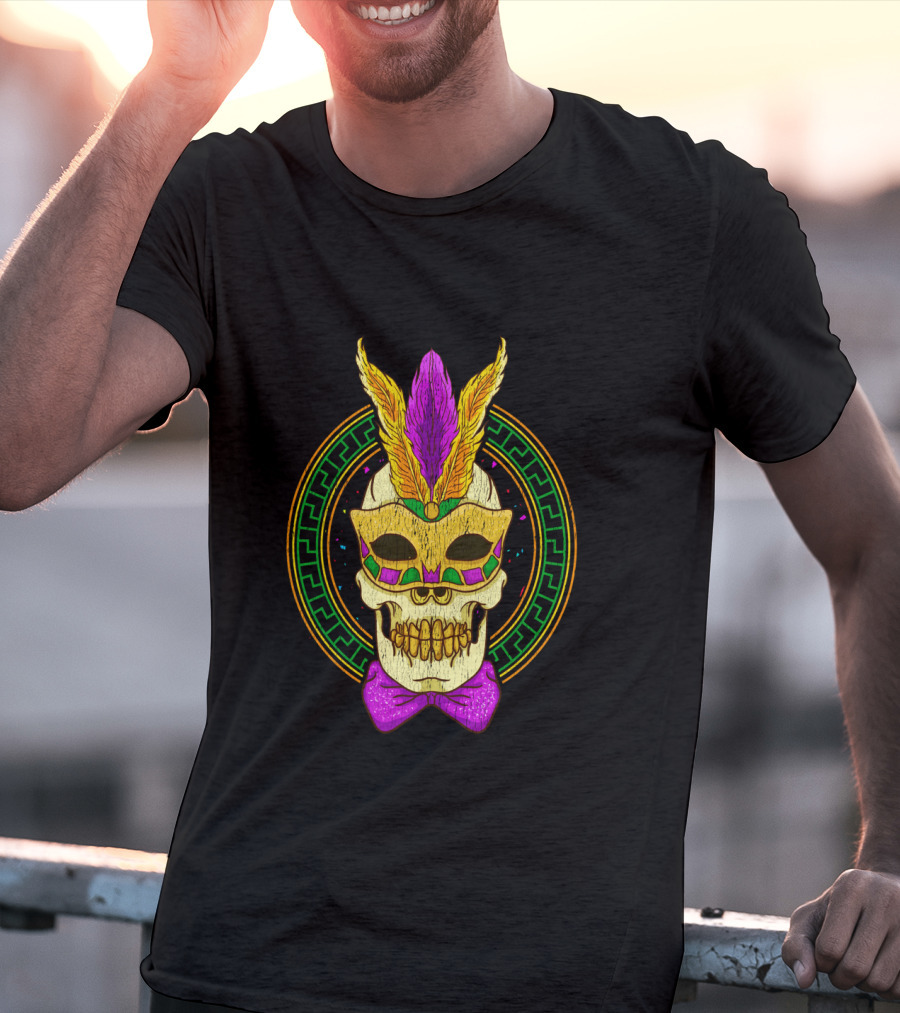 Mardi Gras Feathered Skull Mask With Colorful Bowtie T-Shirt