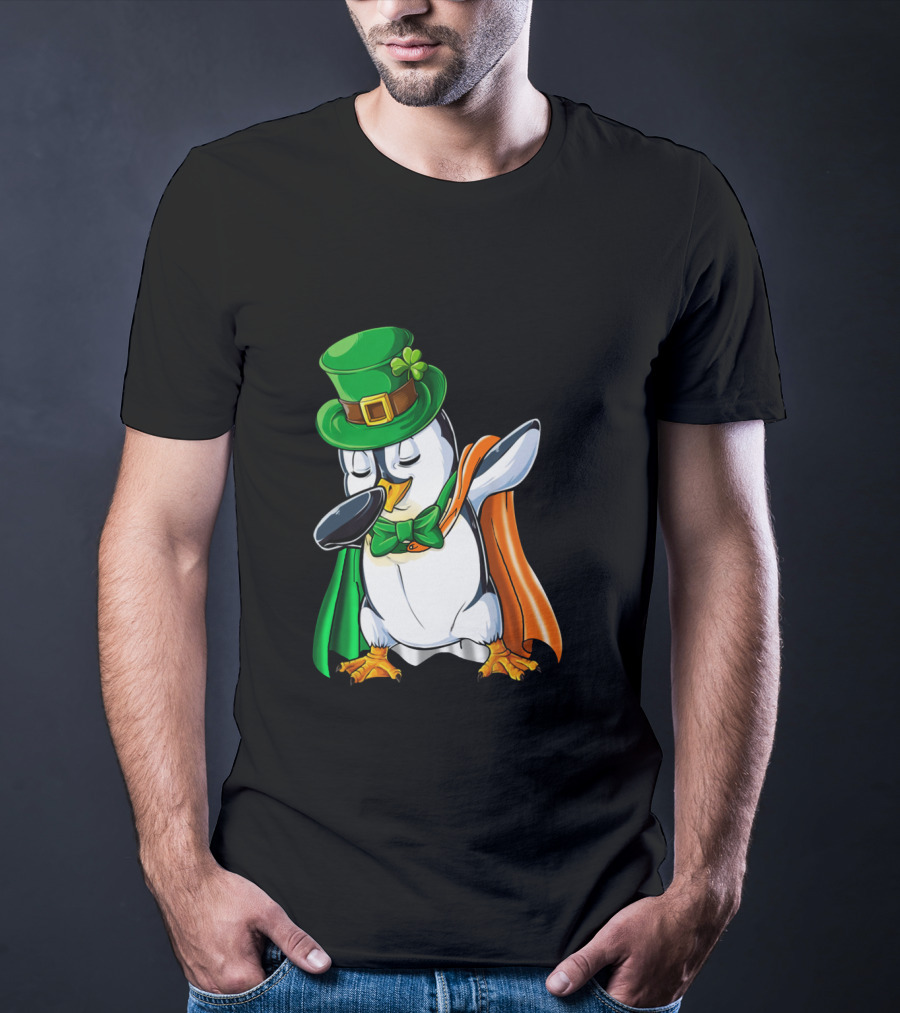 Penguin Dabbing Leprechaun Hat Irish Flag Cape T-Shirt