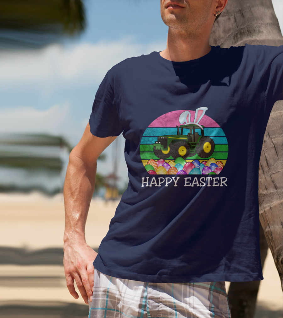 Happy Easter Vintage Bunny Ears With Tractor And Colorful Eggs T-Shirt
