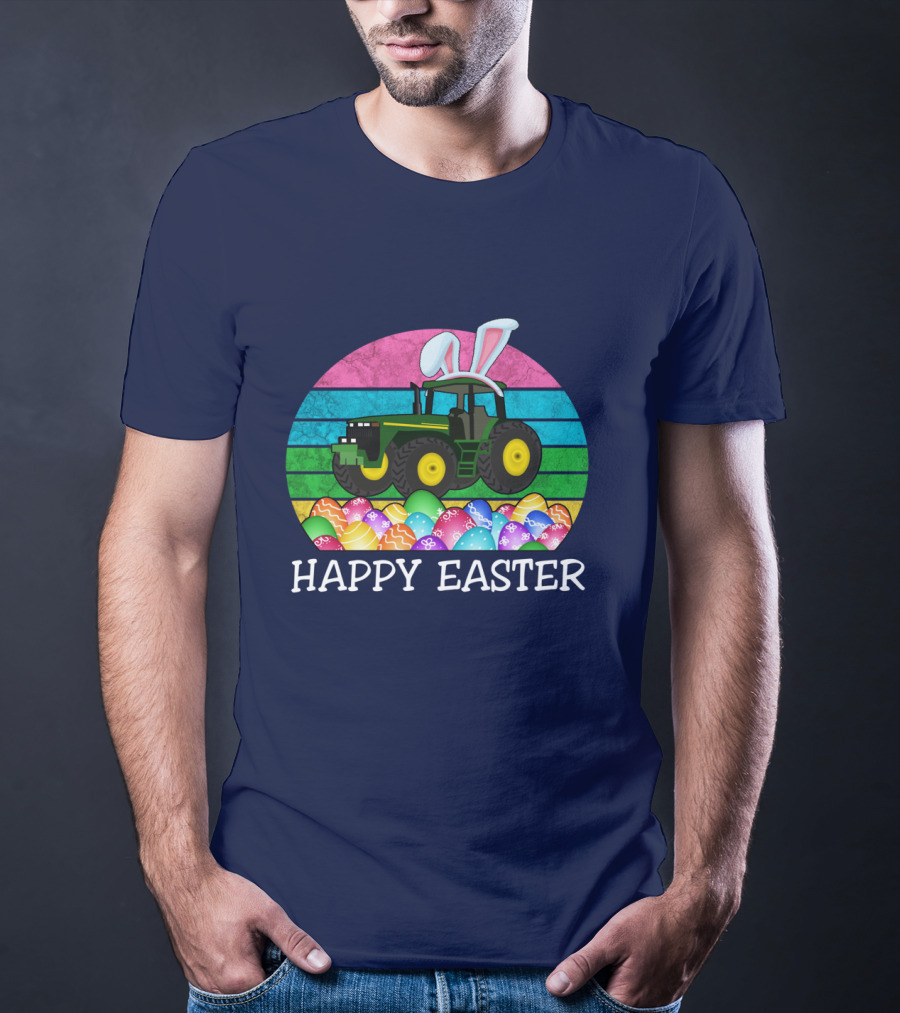 Happy Easter Vintage Bunny Ears With Tractor And Colorful Eggs T-Shirt