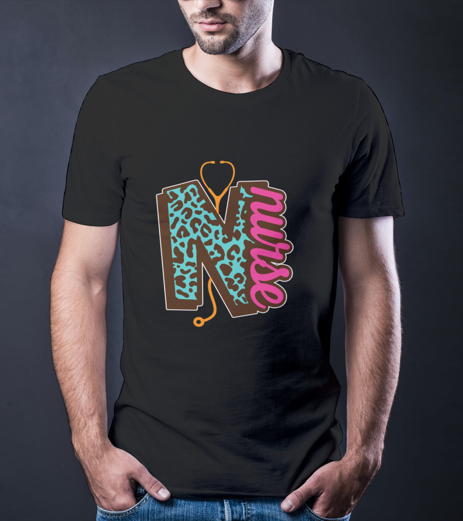 Nurse Leopard Print Stethoscope Lettering T-Shirt