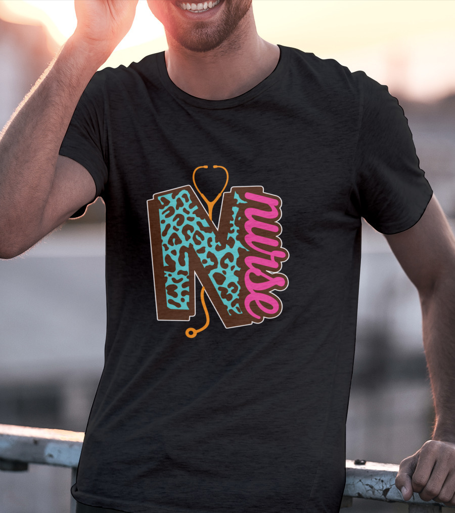 Nurse Leopard Print Stethoscope Lettering T-Shirt