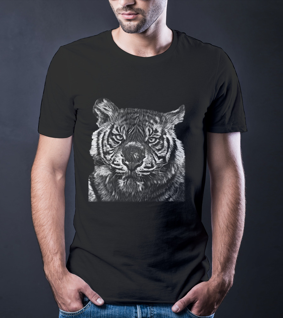 Tiger Large Cat Jungle Wildlife Black White T-Shirt