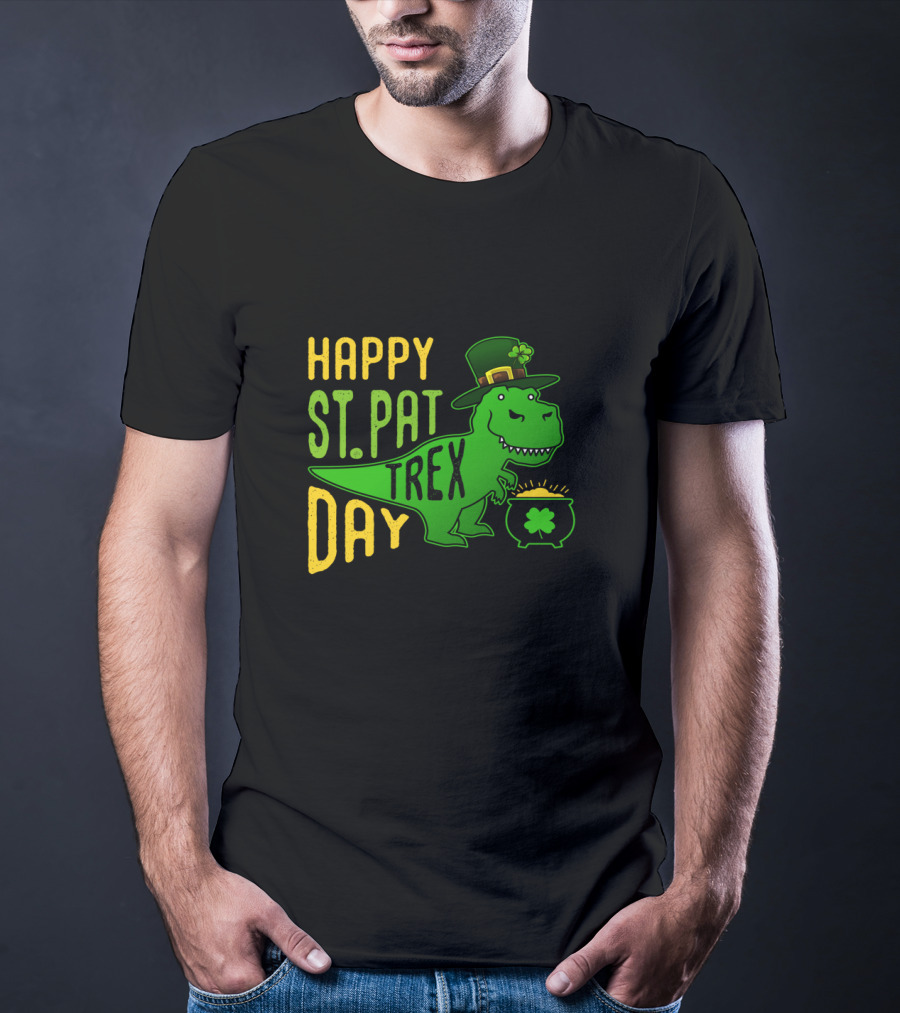 Happy St Pat Day T-Rex Dinosaur With Hat And Pot Of Gold T-Shirt
