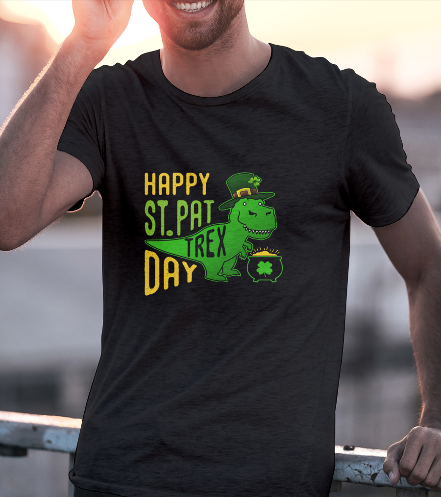 Happy St Pat Day T-Rex Dinosaur With Hat And Pot Of Gold T-Shirt