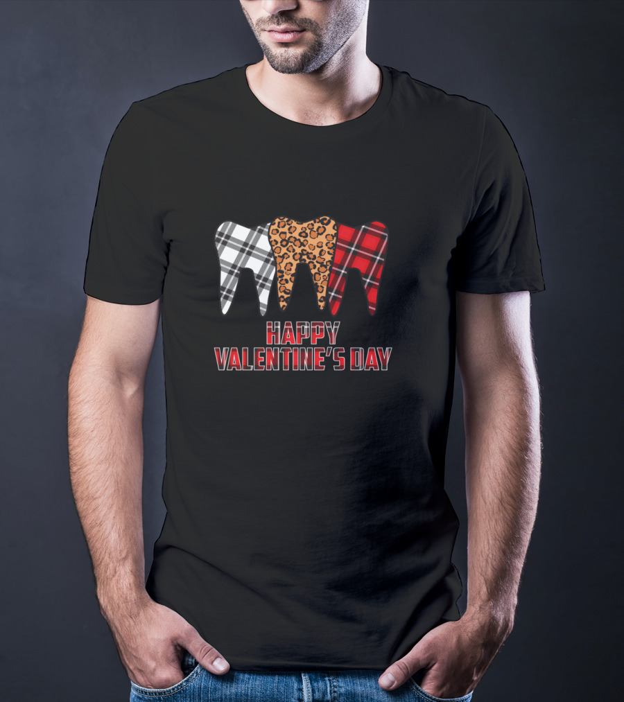 Happy Valentine's Day Plaid Leopard Dentist Teeth T-Shirt