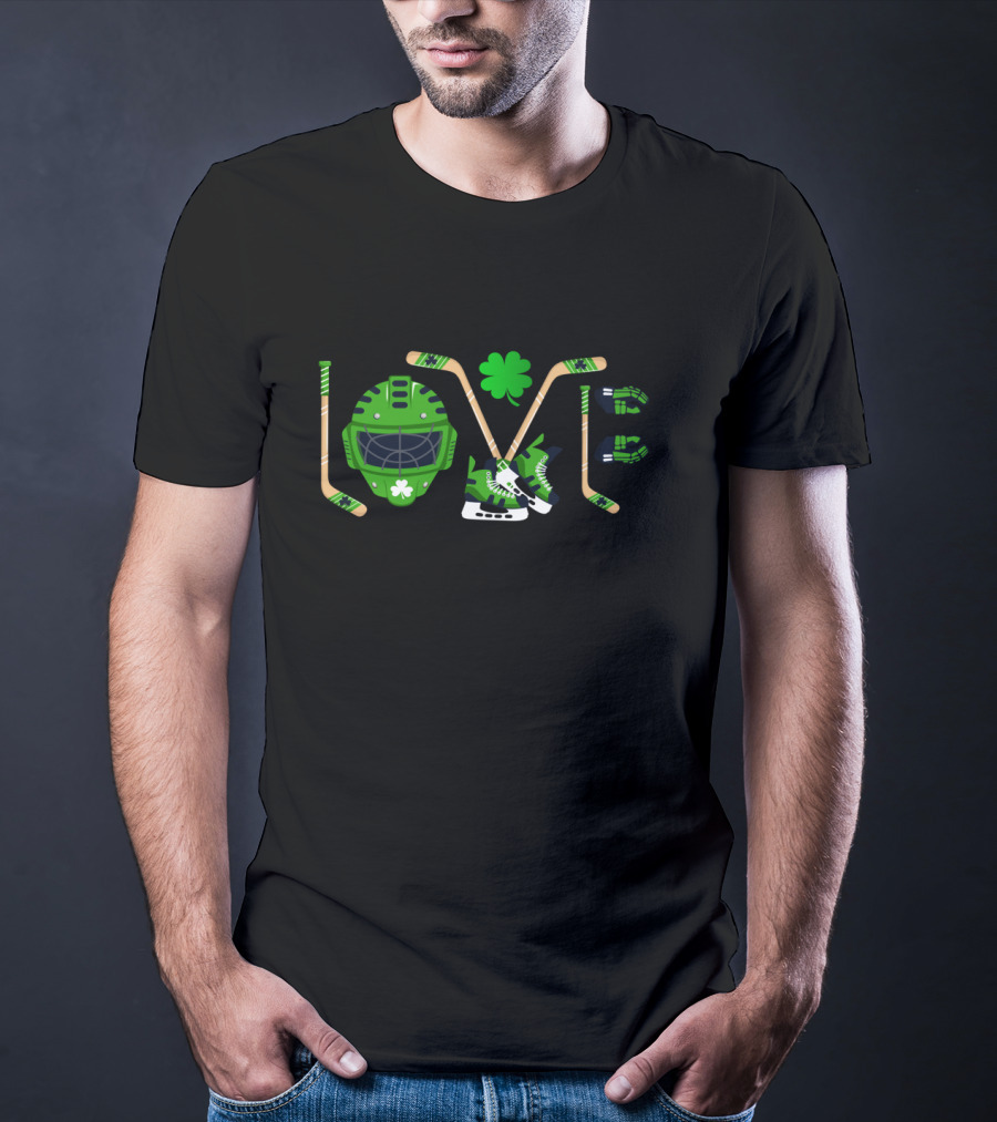 Love Hockey Sports Leprechaun Clover Helmet Sticks Skates Gloves T-Shirt