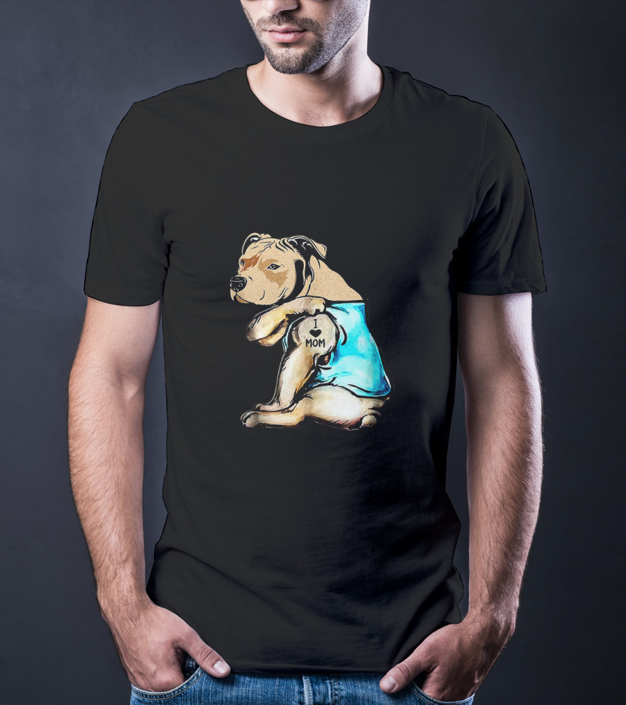 Pit Bull I Love Mom Tattooed Dog In Blue T-Shirt