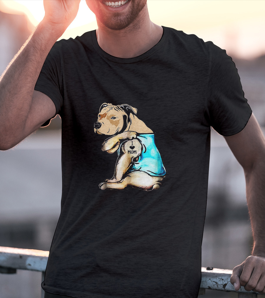 Pit Bull I Love Mom Tattooed Dog In Blue T-Shirt