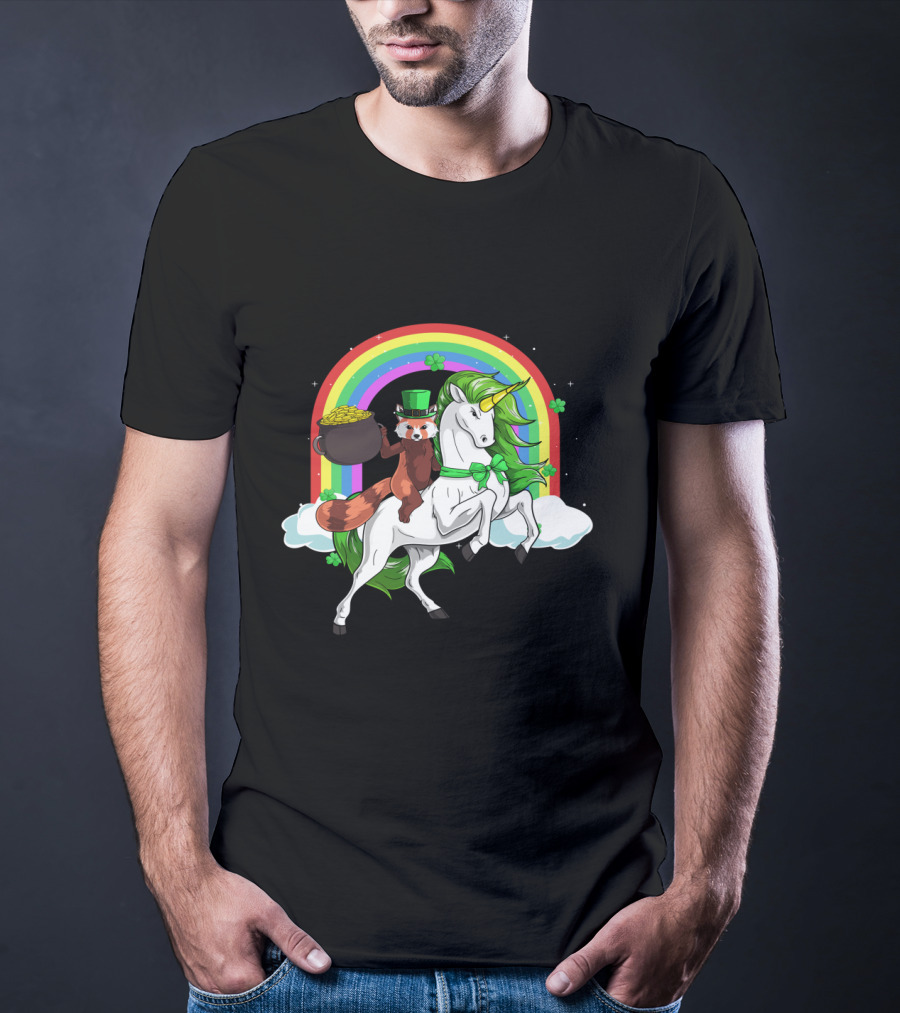 Red Panda Holding Gold On Lepricorn Unicorn With Rainbow T-Shirt