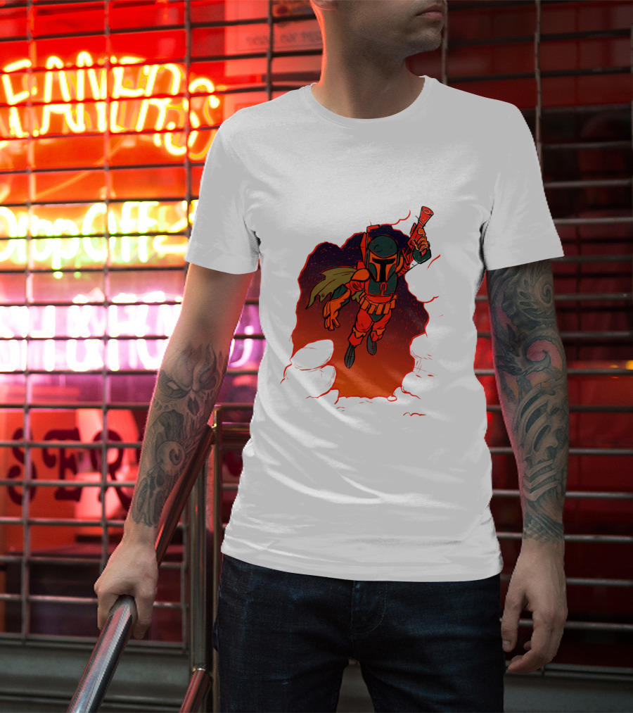 Star Wars Boba Fett Illustrated Blast Mandalorian Jetpack Fire Burst T-Shirt