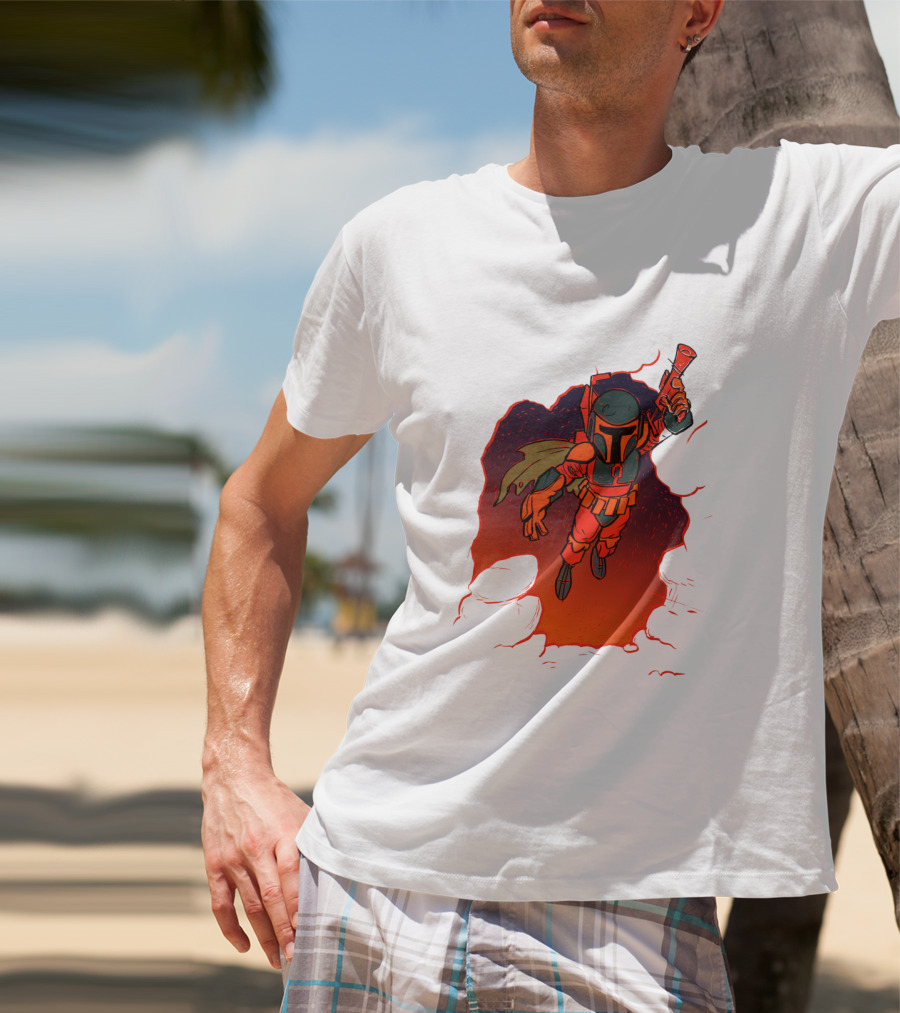 Star Wars Boba Fett Illustrated Blast Mandalorian Jetpack Fire Burst T-Shirt