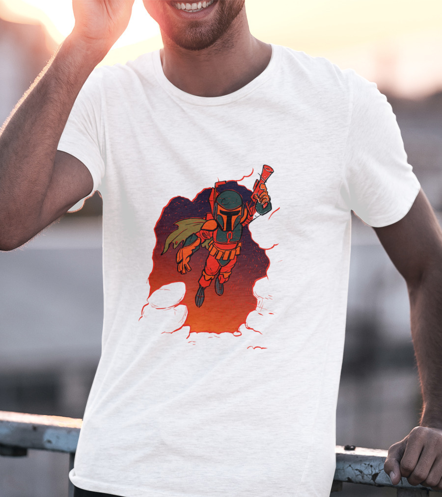 Star Wars Boba Fett Illustrated Blast Mandalorian Jetpack Fire Burst T-Shirt