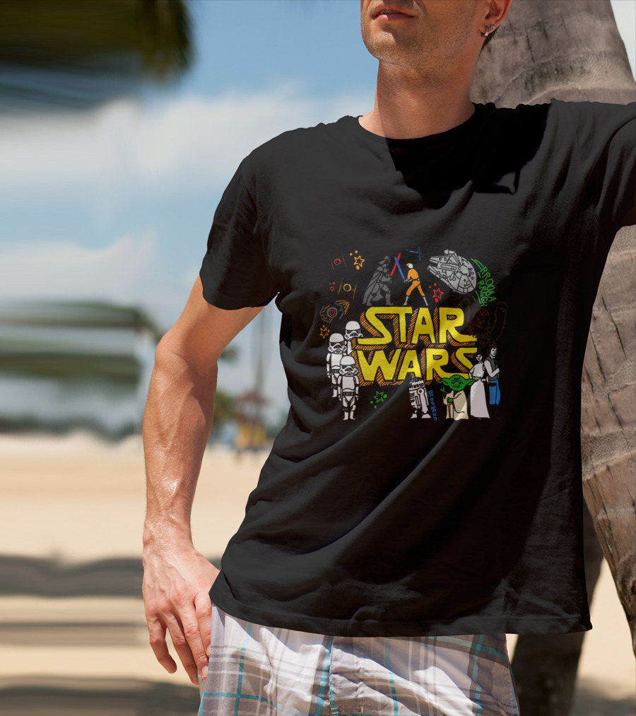 Star Wars Colorful Multi Character Doodle Millennium Falcon Darth Vader Yoda R2-D2 Stormtroopers T-Shirt