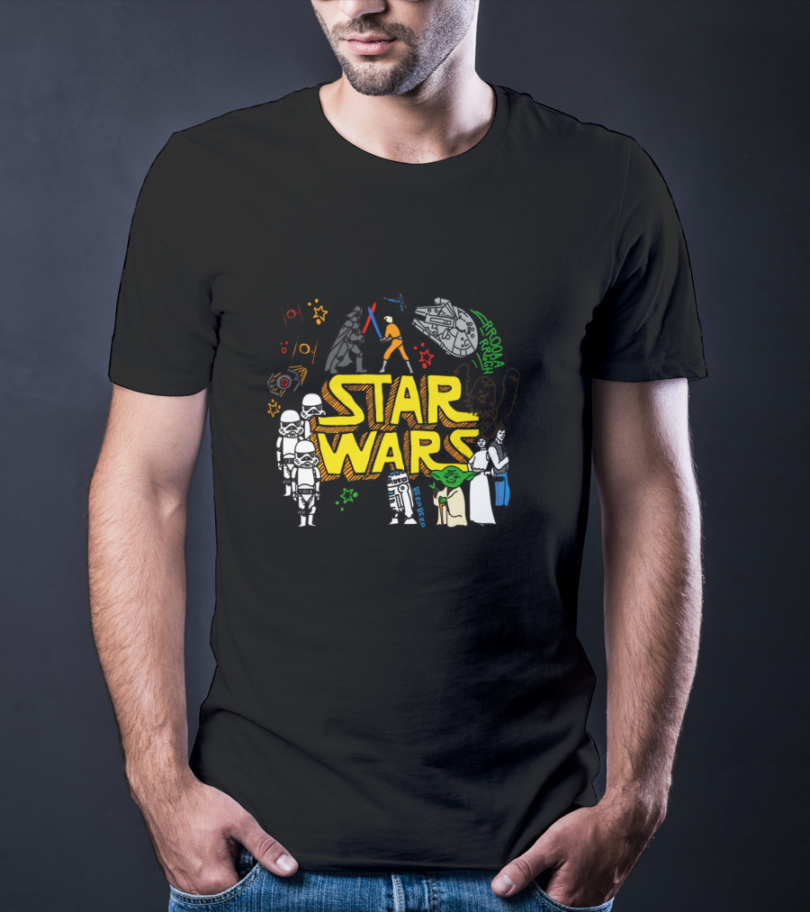 Star Wars Colorful Multi Character Doodle Millennium Falcon Darth Vader Yoda R2-D2 Stormtroopers T-Shirt