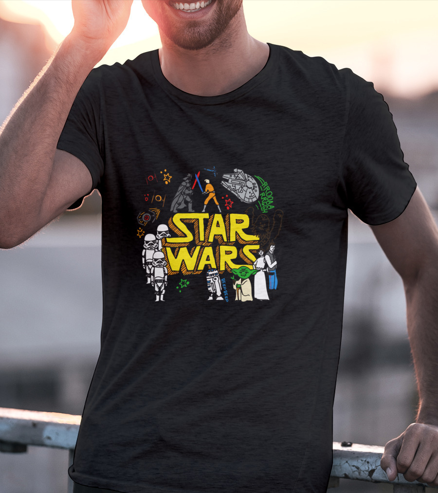 Star Wars Colorful Multi Character Doodle Millennium Falcon Darth Vader Yoda R2-D2 Stormtroopers T-Shirt