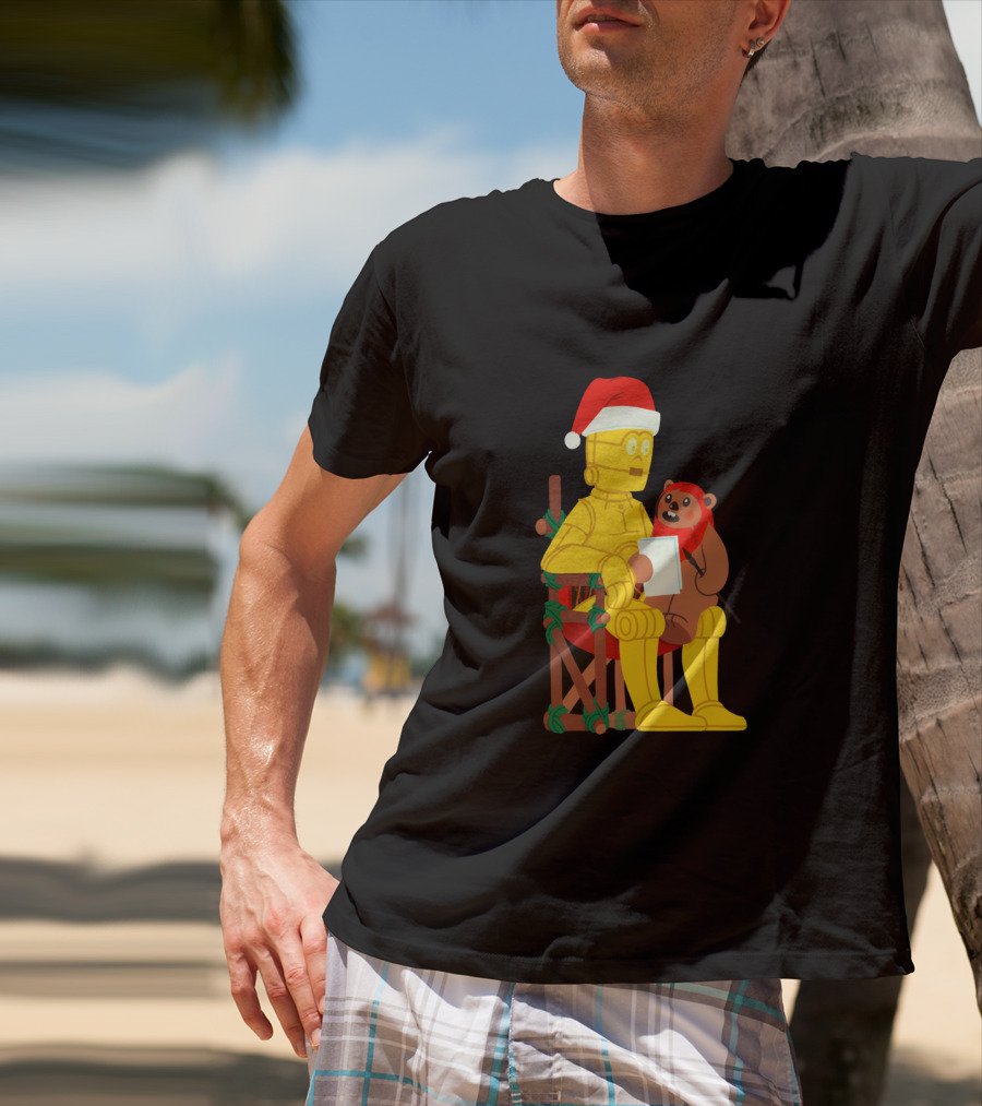 Star Wars Holiday Santa C 3PO And Ewok Christmas Chair Scene T-Shirt