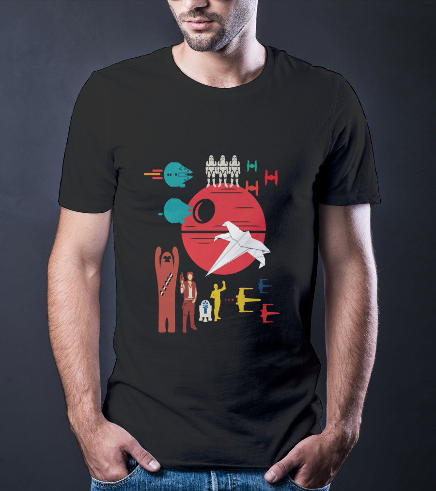 Star Wars Origami Collage Millennium Falcon TIE Fighter Chewbacca R2-D2 T-Shirt