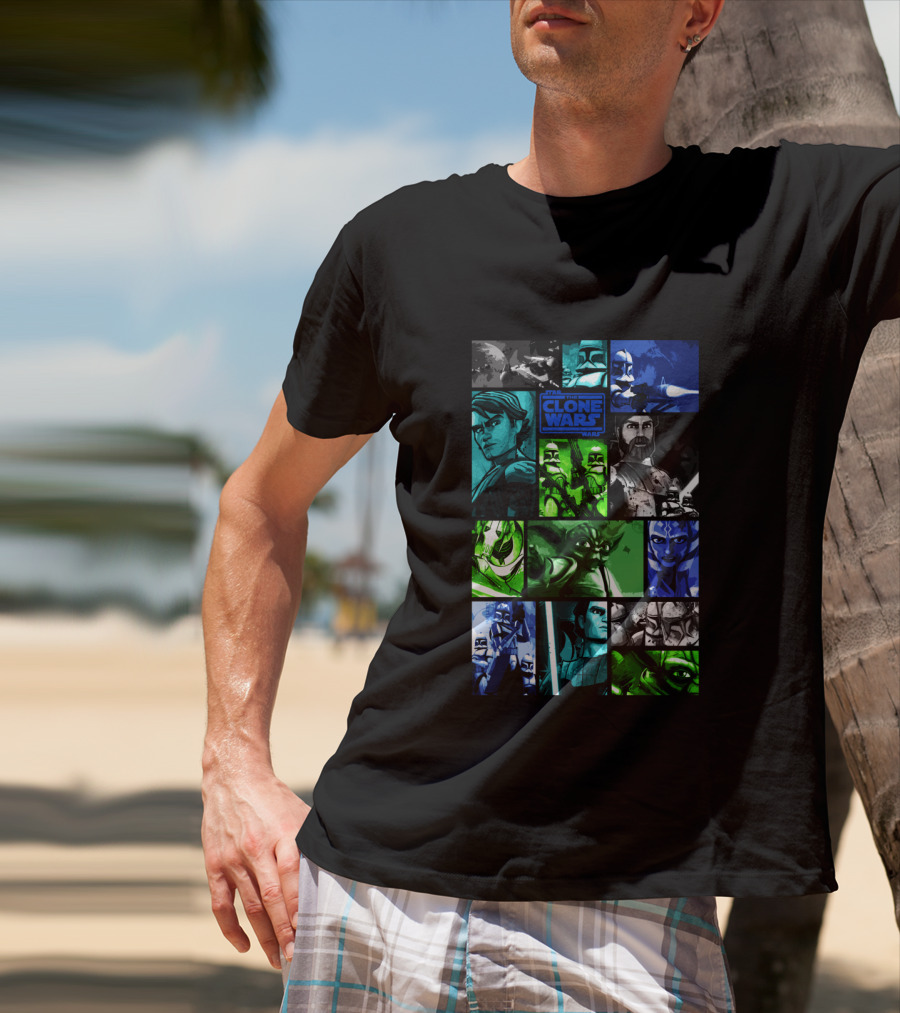 Star Wars The Clone Wars Character Montage Panels Featuring Iconic Heroes And Villains T-Shirt