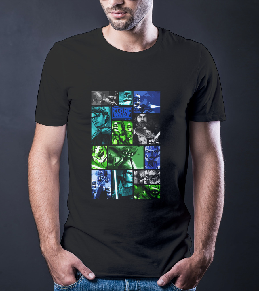 Star Wars The Clone Wars Character Montage Panels Featuring Iconic Heroes And Villains T-Shirt