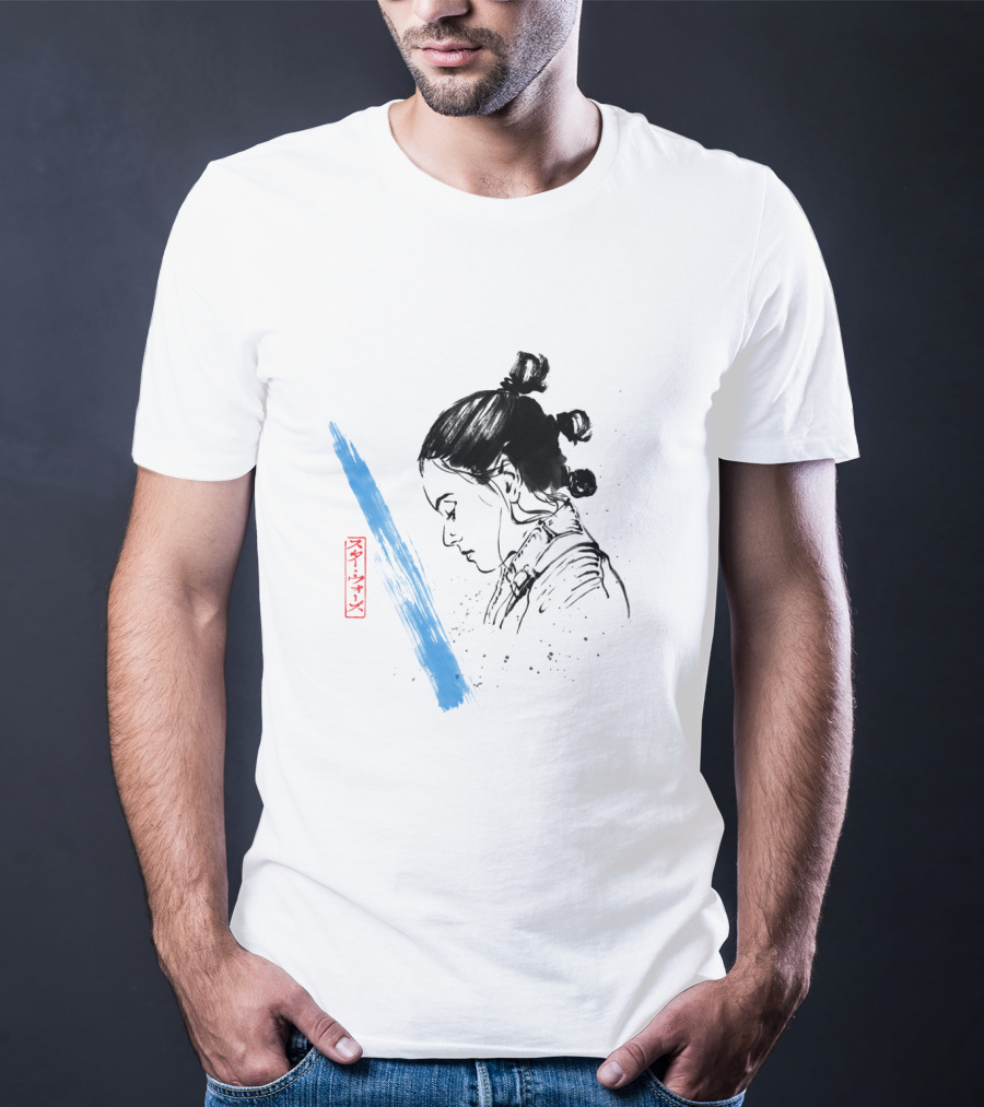 Star Wars The Last Jedi Rey Watercolor Sketch Profile With Blue Brushstroke And Red Kanji Markings T-Shirt