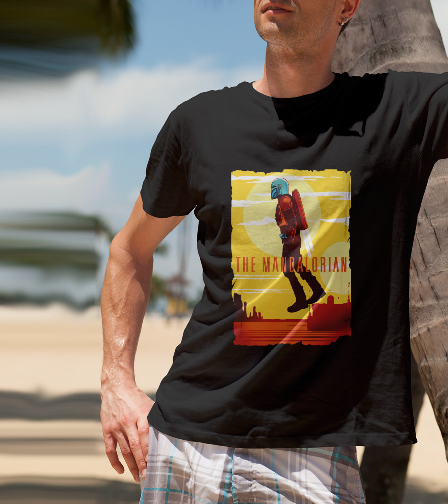 The Mandalorian Jet Pack Floating Scene With Yellow T-Shirt