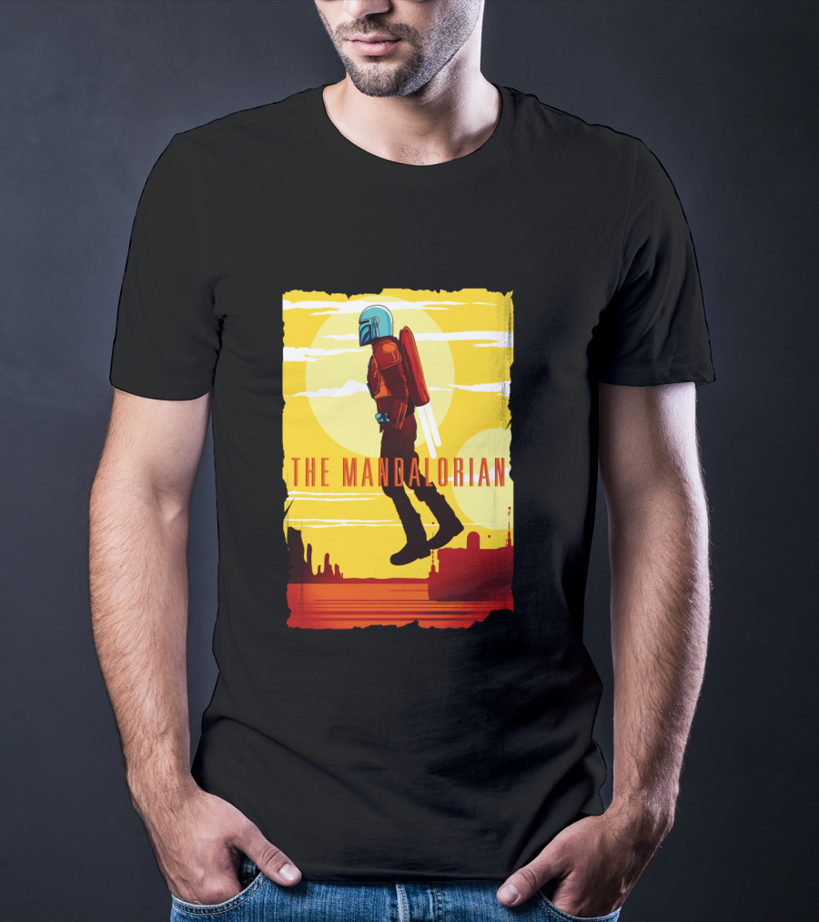 The Mandalorian Jet Pack Floating Scene With Yellow T-Shirt