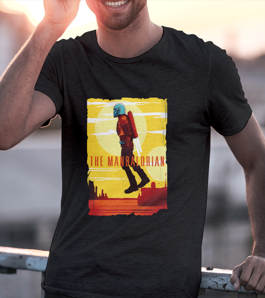 The Mandalorian Jet Pack Floating Scene With Yellow T-Shirt