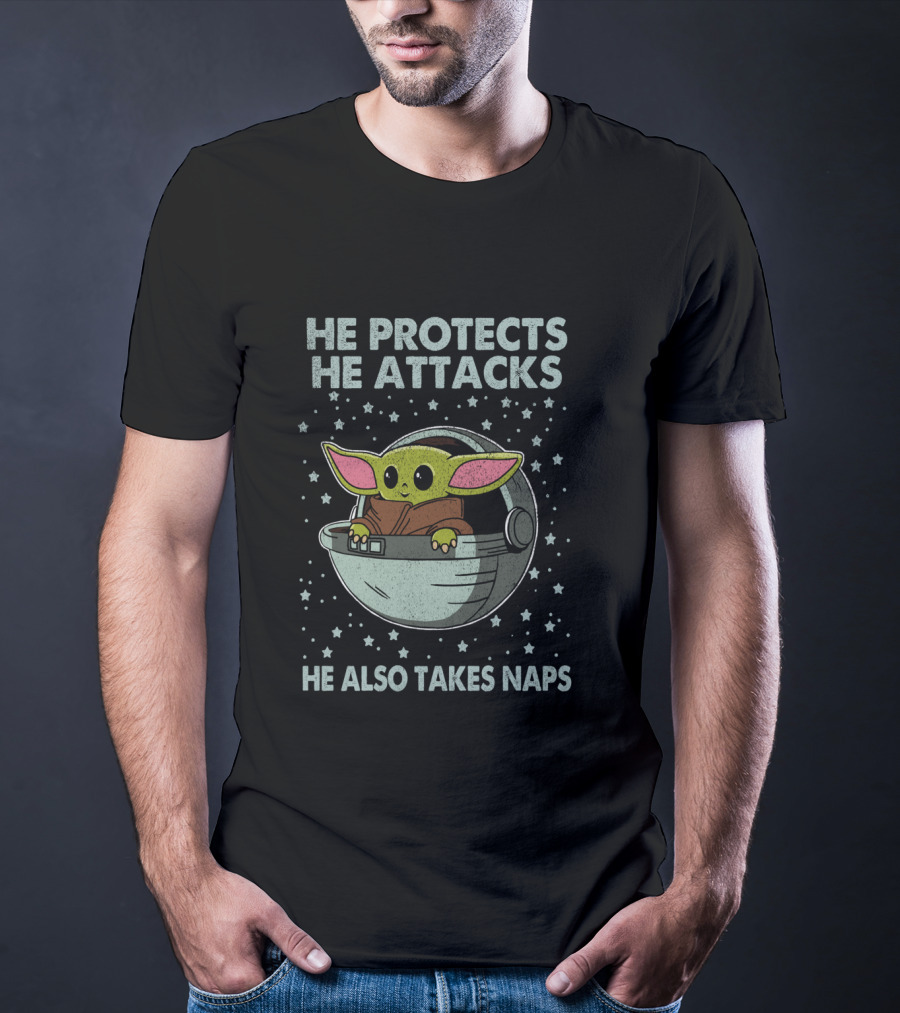 The Mandalorian The Child He Protects He Attacks He Also Takes Naps T-Shirt