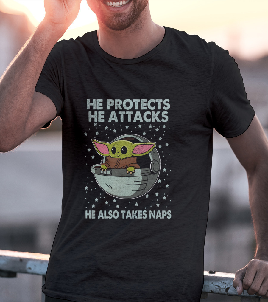 The Mandalorian The Child He Protects He Attacks He Also Takes Naps T-Shirt