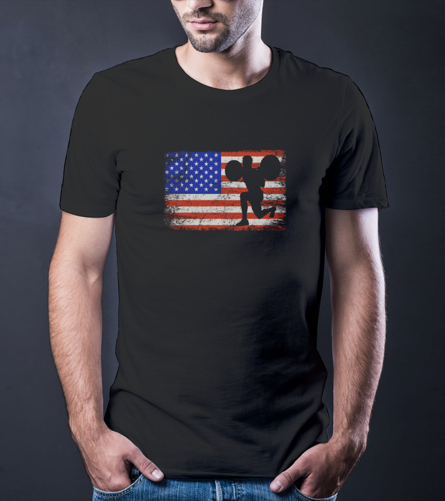 American Flag Weightlifting Silhouette On Distressed Stars And Stripes Background T-Shirt